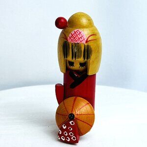 Kokeshi Decorated Wooden Ancient Japanese Traditional Doll Asian Red 4”